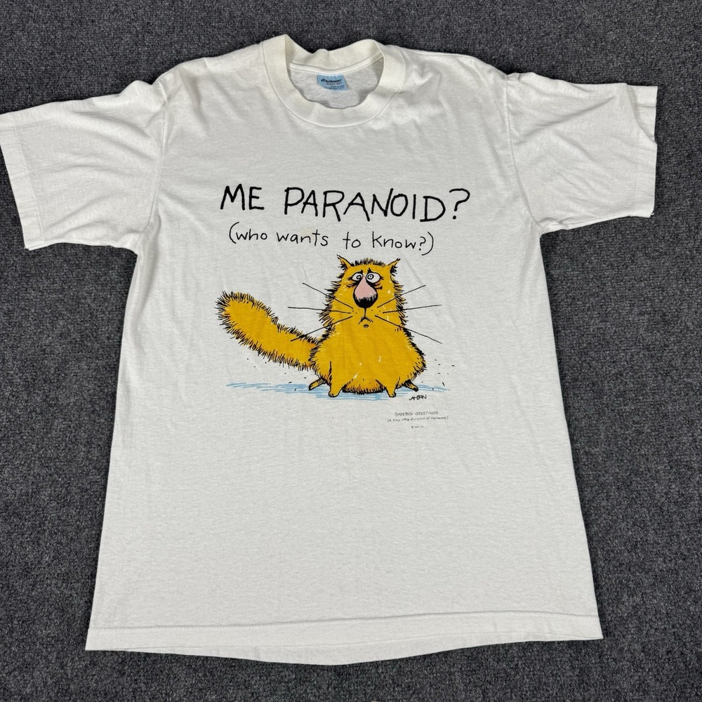 Vintage 90s Hallmark Shoebox Greetings Paranoid Cat T Shirt Large Single Stitch